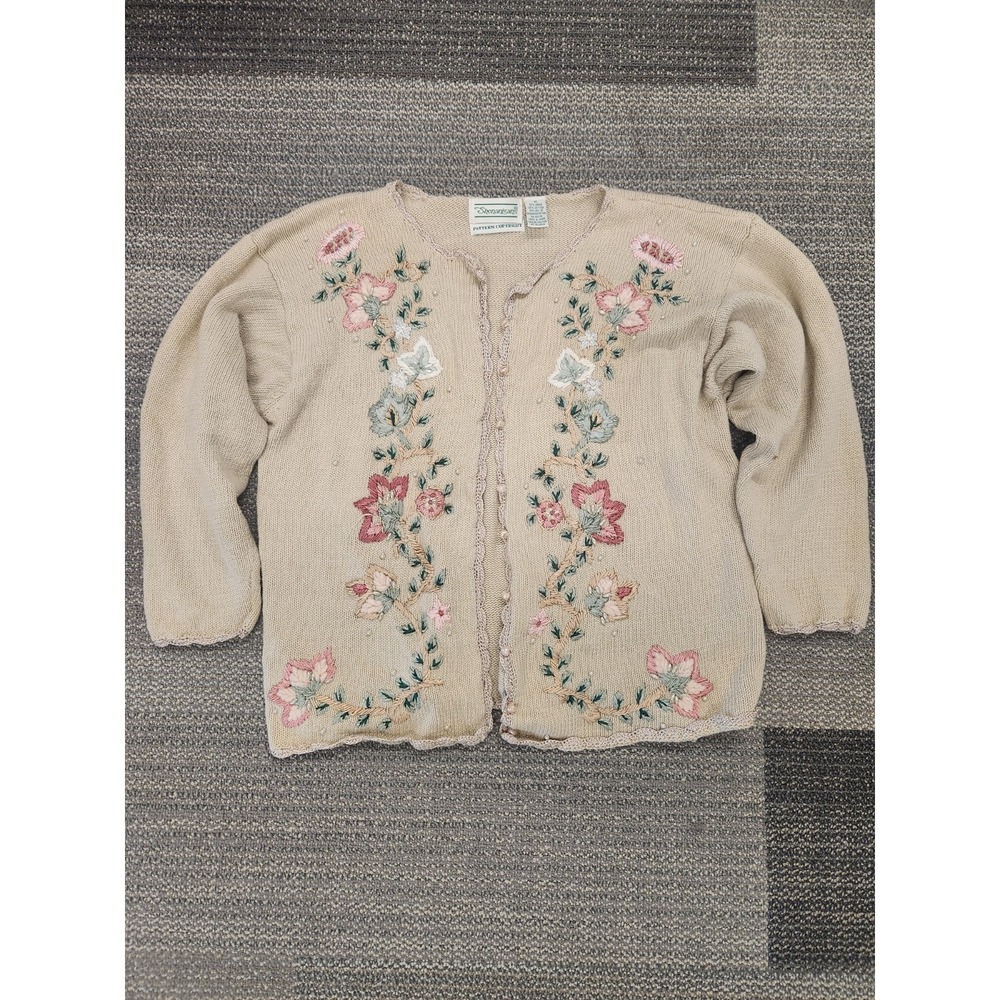 Vtg. Shenanigans Knit Floral Embroidered Pearls Cardigan Sweater Cottagecore Med